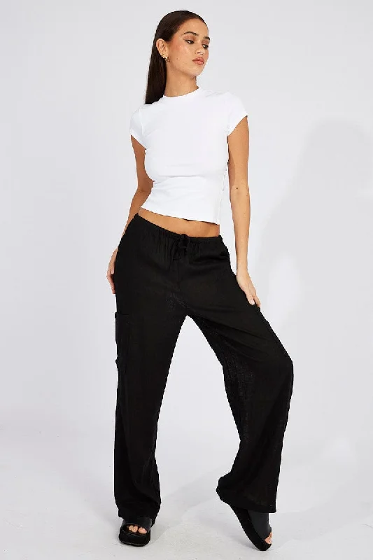 Black Wide Leg Pants Mid Rise Linen Blend