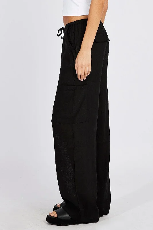 Black Wide Leg Pants Mid Rise Linen Blend