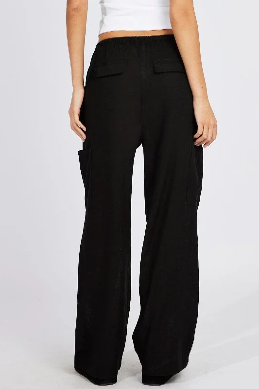 Black Wide Leg Pants Mid Rise Linen Blend