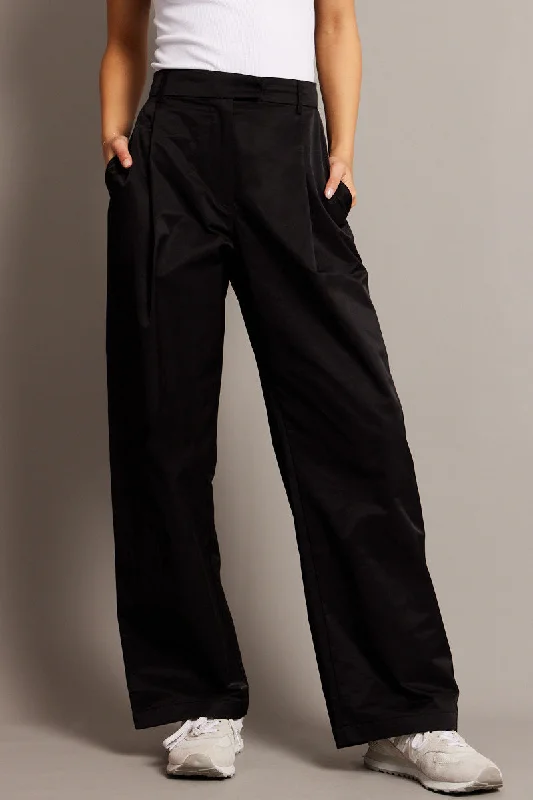 Black Wide Leg Pants Pleated Front