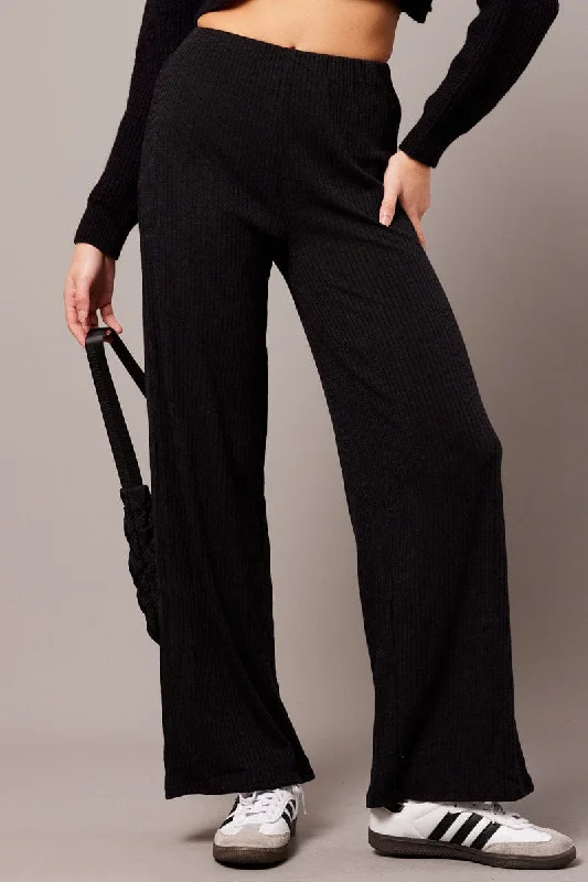 Black Wide Leg Pants Rib Jersey