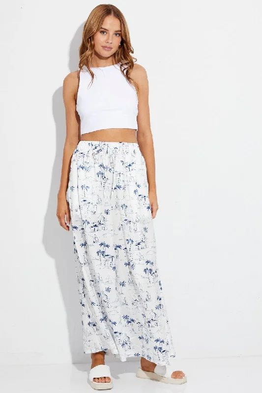 Blue Abstract Pant Elastic High Waist Wide Leg Printed Satin