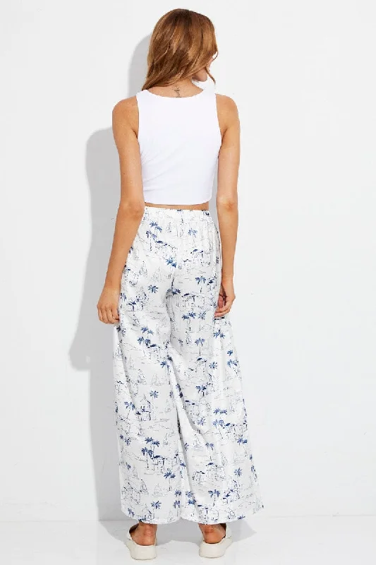 Blue Abstract Pant Elastic High Waist Wide Leg Printed Satin