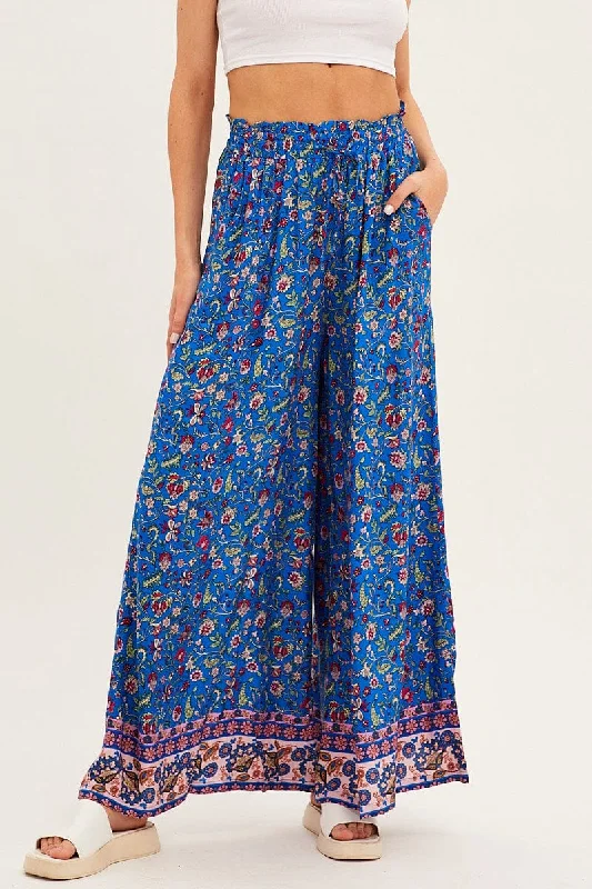 Blue Boho Wide Leg Pants High Rise