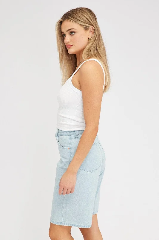 Blue Denim Knee Length Denim Shorts Relaxed