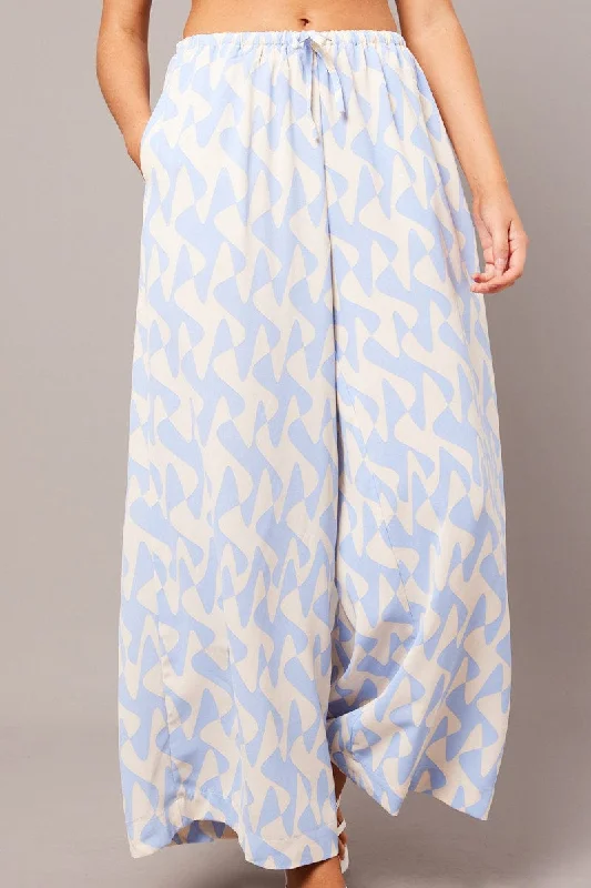 Blue Geo Wide Leg Pants High Rise