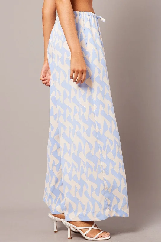 Blue Geo Wide Leg Pants High Rise