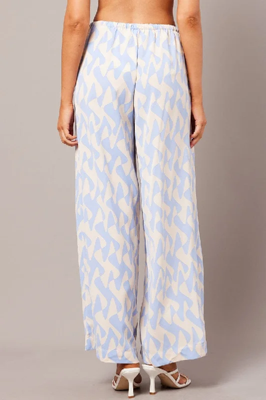 Blue Geo Wide Leg Pants High Rise