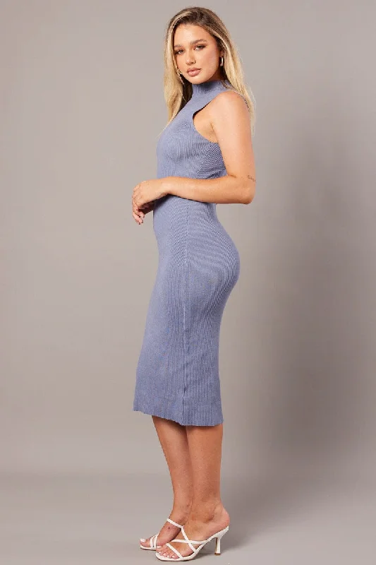 Blue High Neck Knit Dress Midi