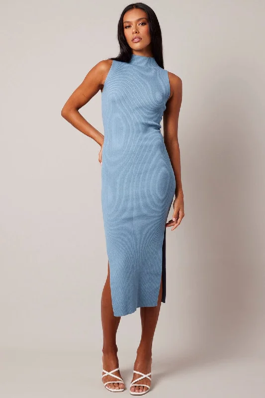 Blue Knit Dress High Neck Midi