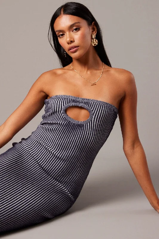 Blue Knit Dress Key Hole Front Bandeau Midi