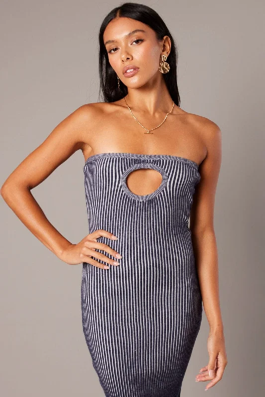 Blue Knit Dress Key Hole Front Bandeau Midi