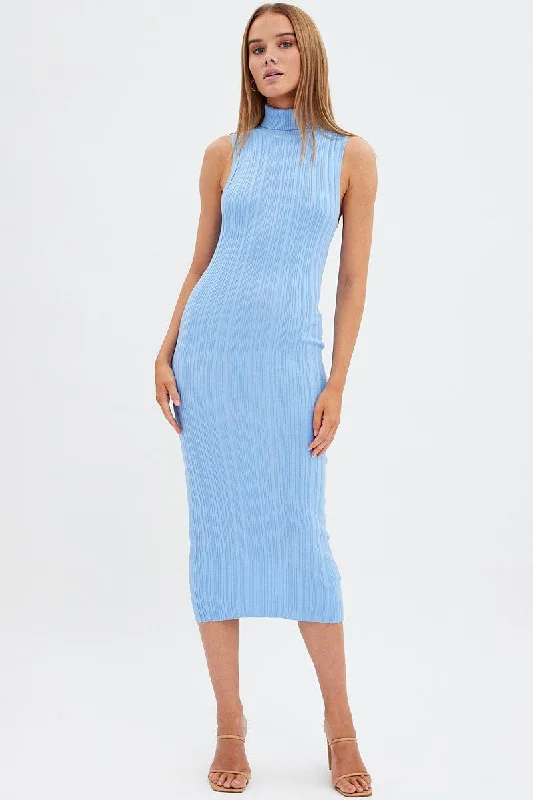 Blue Knit Dress Midi Square Neck