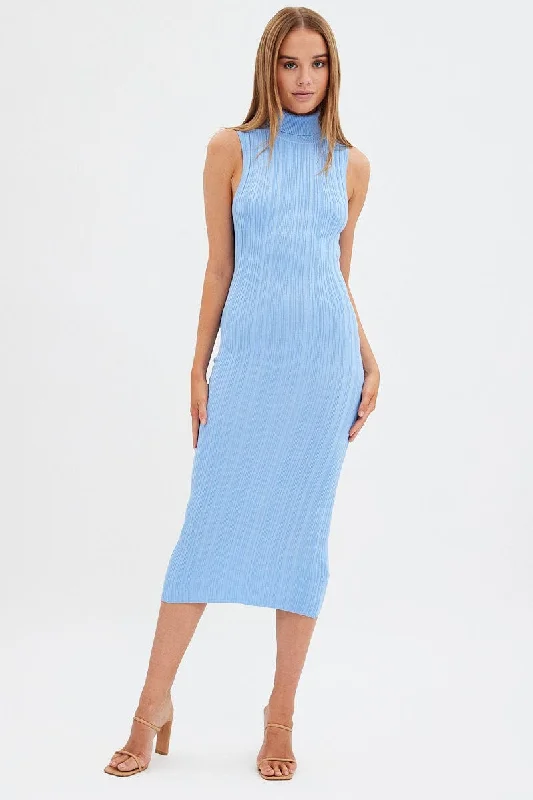 Blue Knit Dress Midi Square Neck