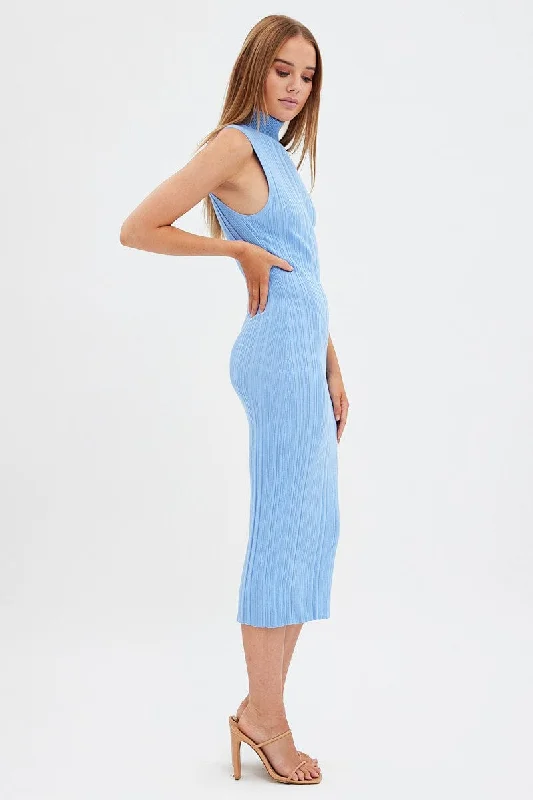 Blue Knit Dress Midi Square Neck