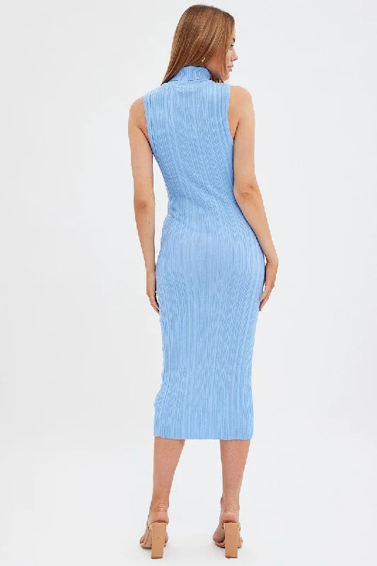 Blue Knit Dress Midi Square Neck