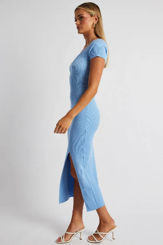 Blue Knit Dress Short Sleeve Bodycon Midi