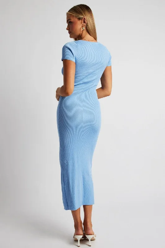 Blue Knit Dress Short Sleeve Bodycon Midi