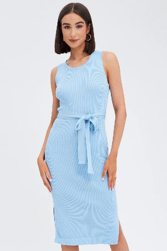 Blue Knit Dress Sleeveless Round Neck Belted Midi