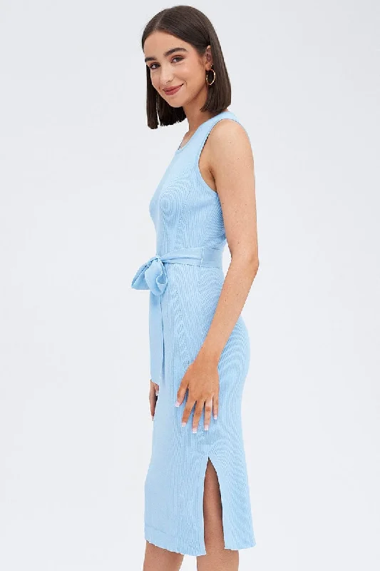 Blue Knit Dress Sleeveless Round Neck Belted Midi