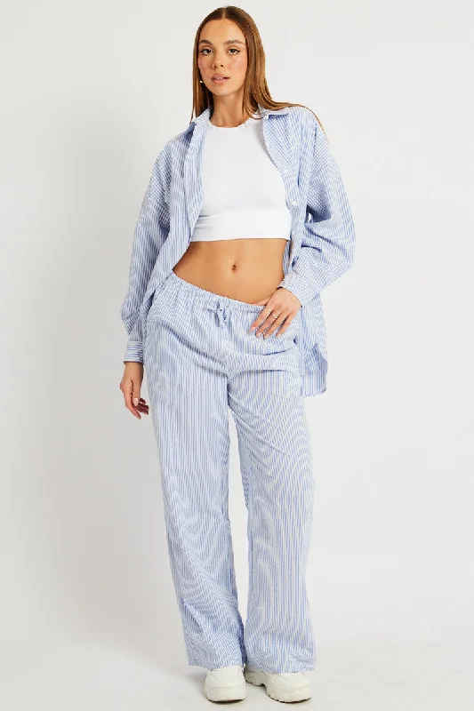 Blue Stripe Wide Leg Pants High Rise