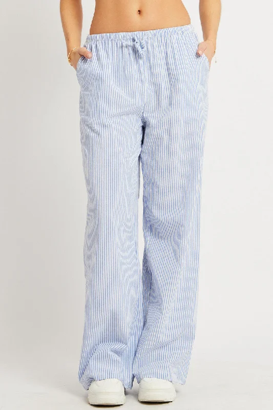 Blue Stripe Wide Leg Pants High Rise