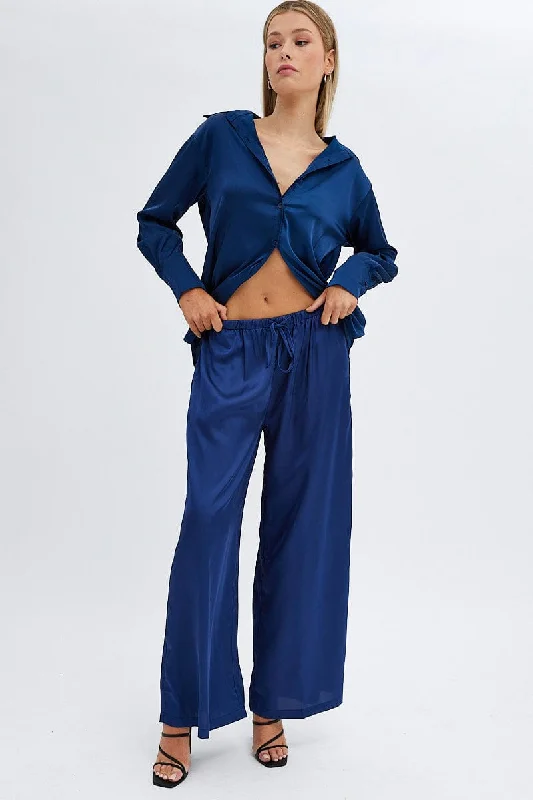 Blue Wide Leg Pants High Rise