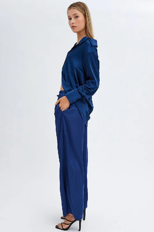 Blue Wide Leg Pants High Rise