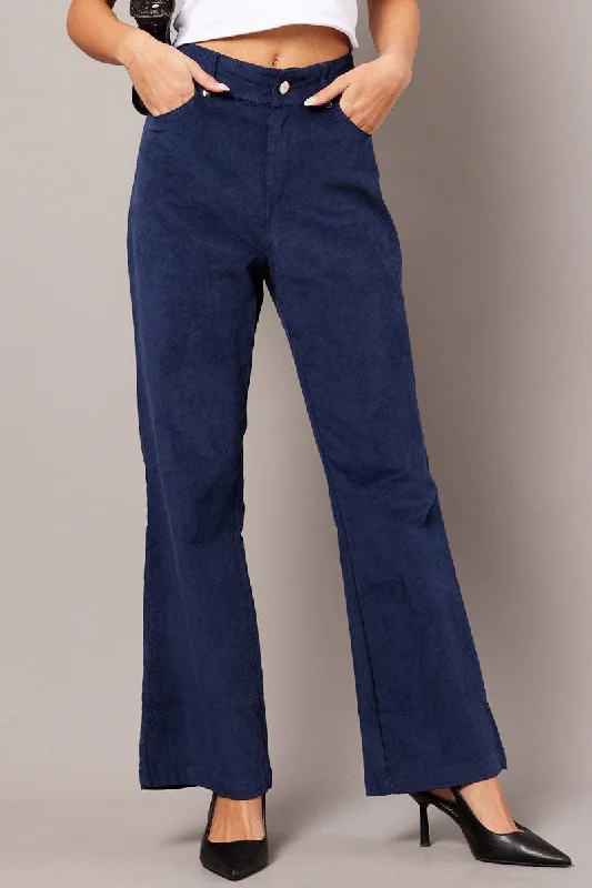 Blue Wide Leg Pants High Rise Corduroy