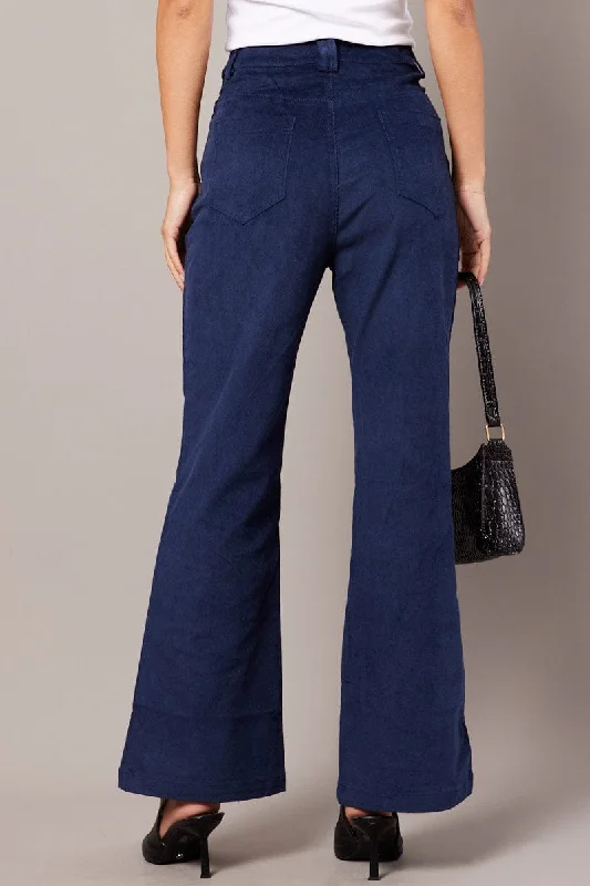 Blue Wide Leg Pants High Rise Corduroy