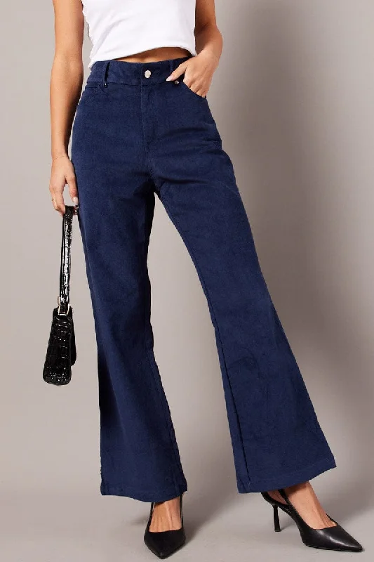 Blue Wide Leg Pants High Rise Corduroy