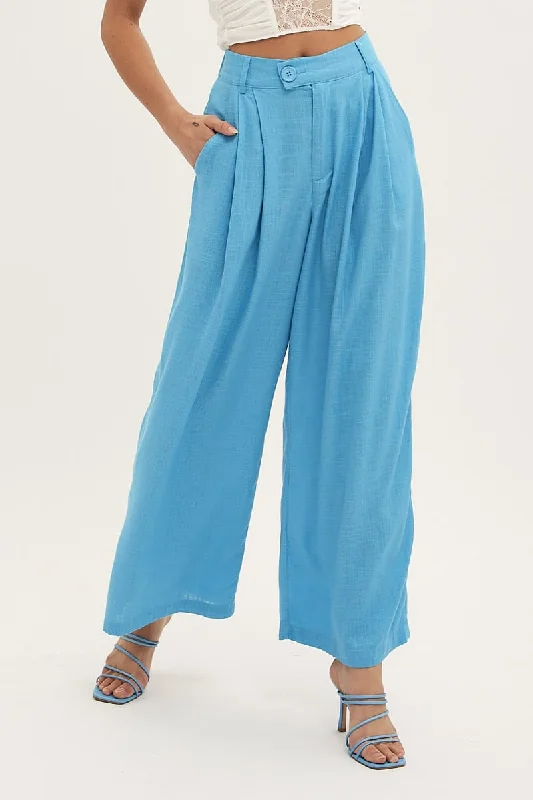 Blue Wide Leg Pants High Rise Linen Blend