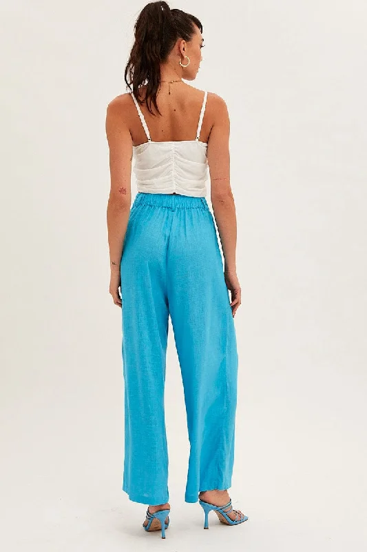 Blue Wide Leg Pants High Rise Linen Blend