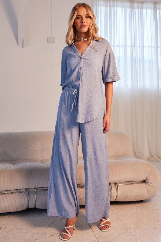 Blue Wide Leg Pants High Rise Textured Fabric