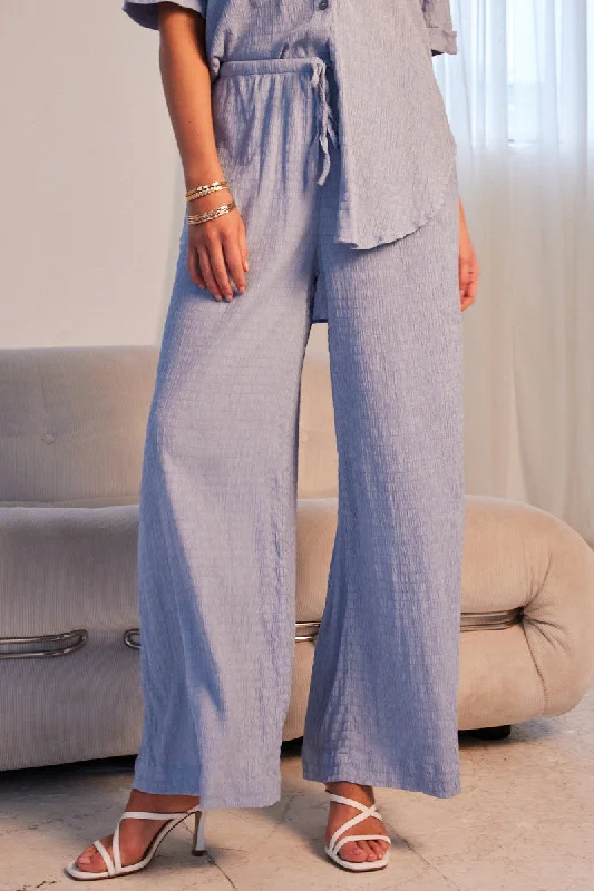 Blue Wide Leg Pants High Rise Textured Fabric