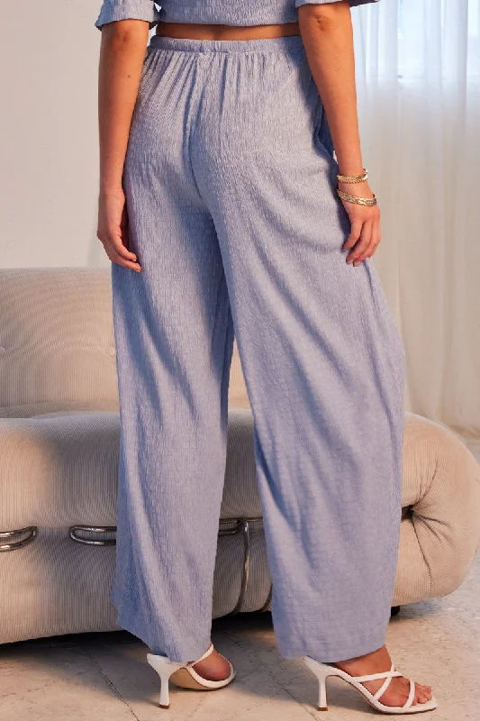 Blue Wide Leg Pants High Rise Textured Fabric