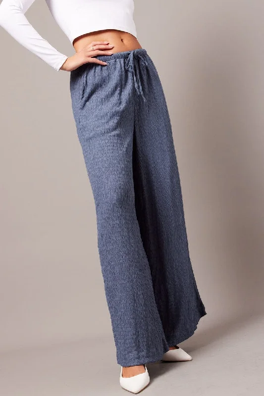 Blue Wide Leg Pants High Rise Textured Fabric