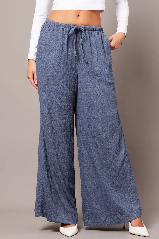 Blue Wide Leg Pants High Rise Textured Fabric