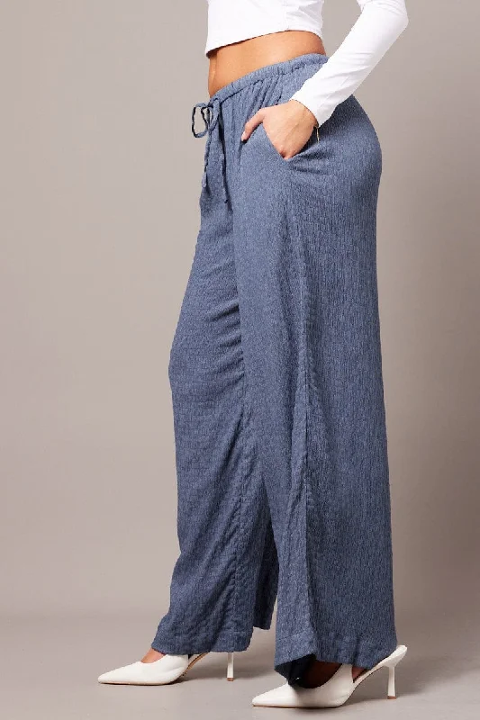 Blue Wide Leg Pants High Rise Textured Fabric