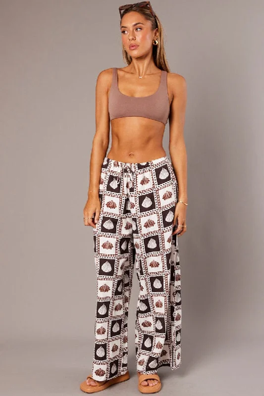 Brown Abstract Wide Leg Pants High Rise