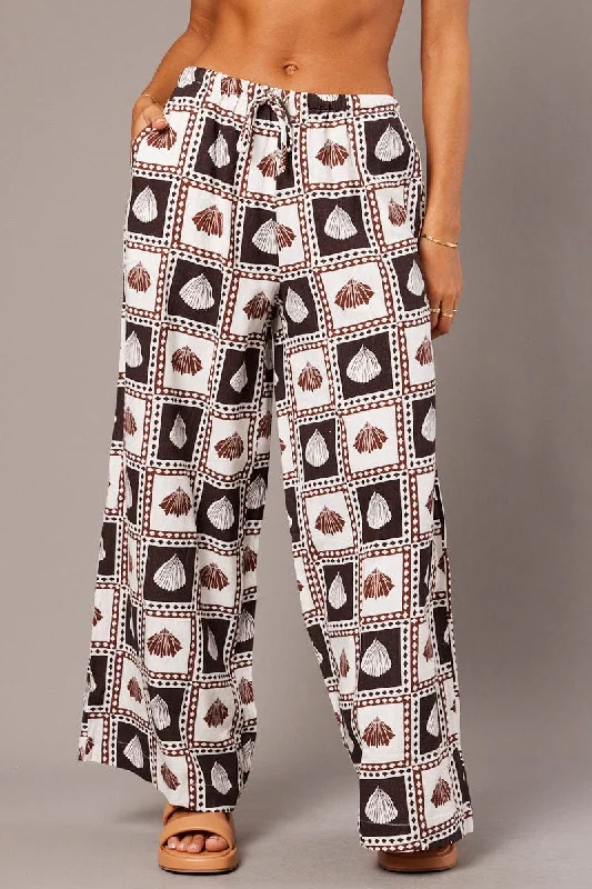 Brown Abstract Wide Leg Pants High Rise