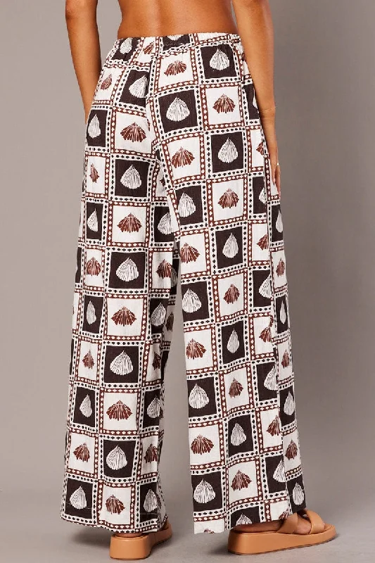 Brown Abstract Wide Leg Pants High Rise