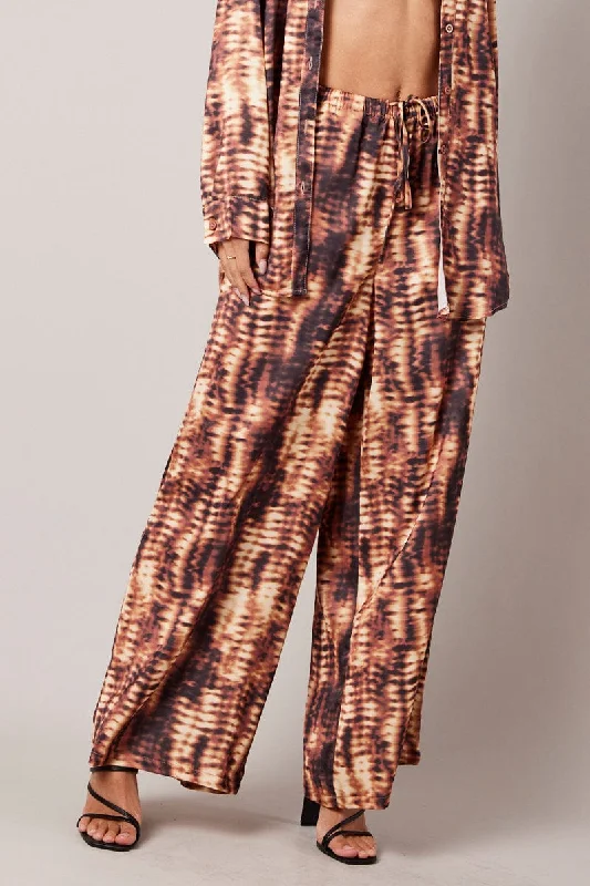 Brown Abstract Wide Leg Pants High Rise Satin