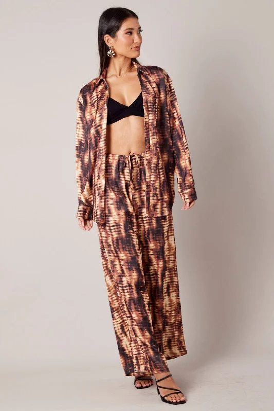 Brown Abstract Wide Leg Pants High Rise Satin