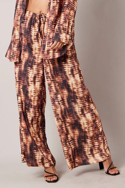 Brown Abstract Wide Leg Pants High Rise Satin