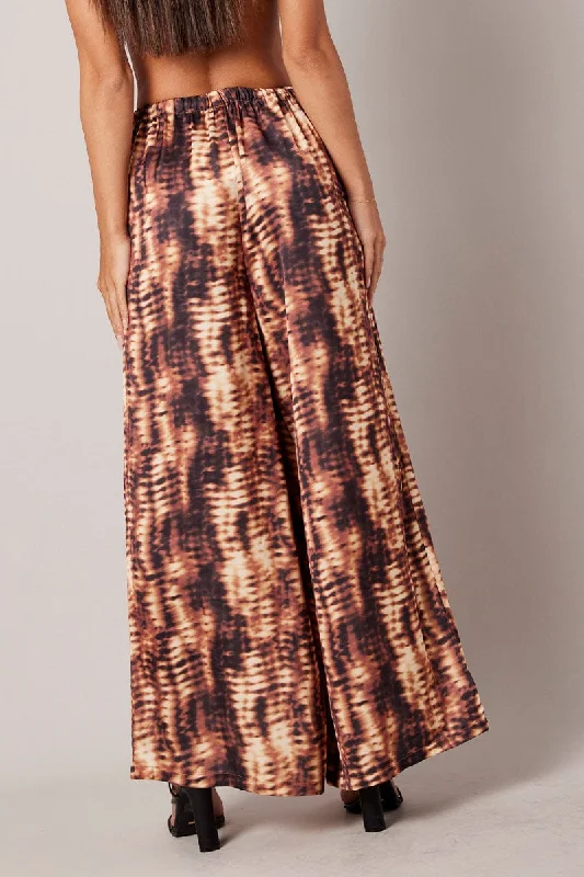 Brown Abstract Wide Leg Pants High Rise Satin