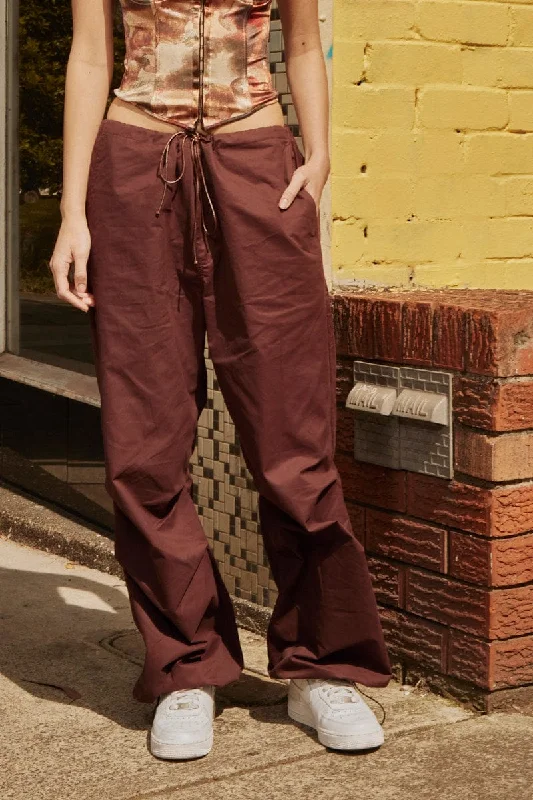 Brown Cargo Parachute Low Rise Pants