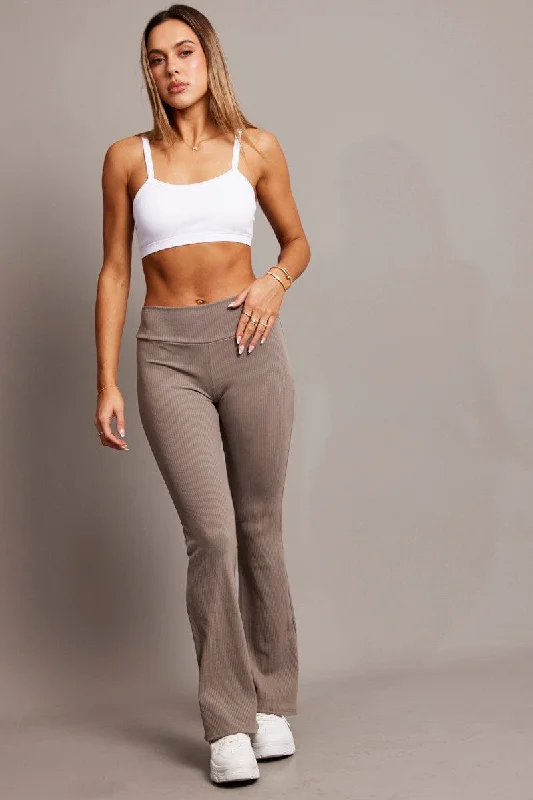 Brown Fold Back Flare Leg Pants