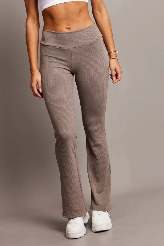 Brown Fold Back Flare Leg Pants