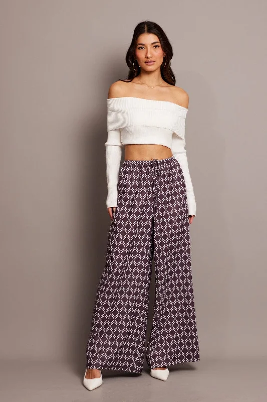 Brown Geo Wide Leg Pants High Rise